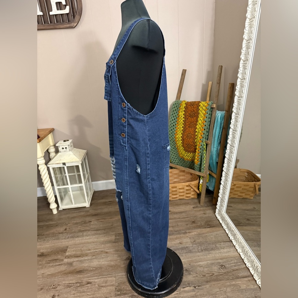 Wide Leg Distressed Oversized Jean Overalls - Picture 12 of 14